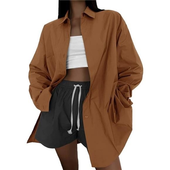 WOMEN'S Shirt Long Sleeve Blouse Loose Fit V Neck, Brown